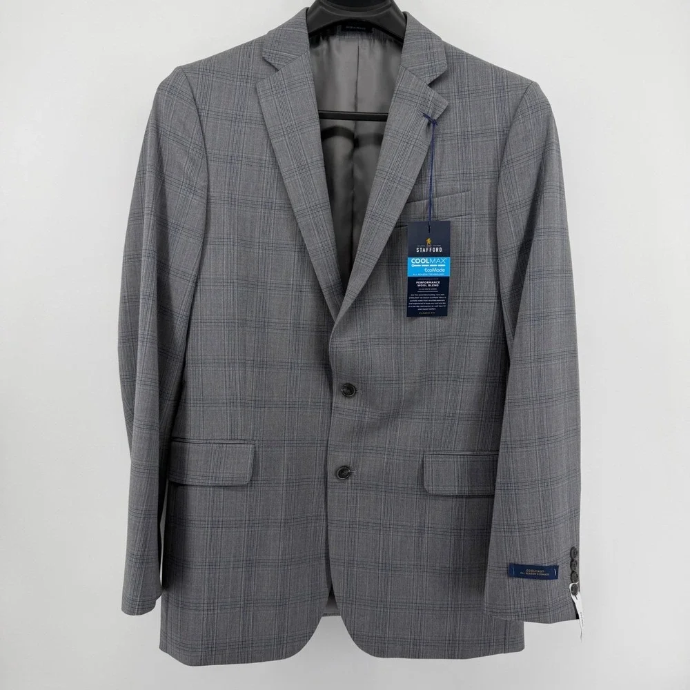 Stafford Suit Jacket Mens 42R Gray Navy Plaid CoolMax Performance Wool Blend NEW